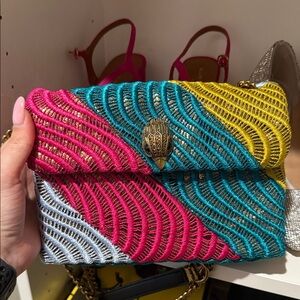 Kurt Geiger Pink Blue Yellow Silver Woven Clutch with Gold Hamsa